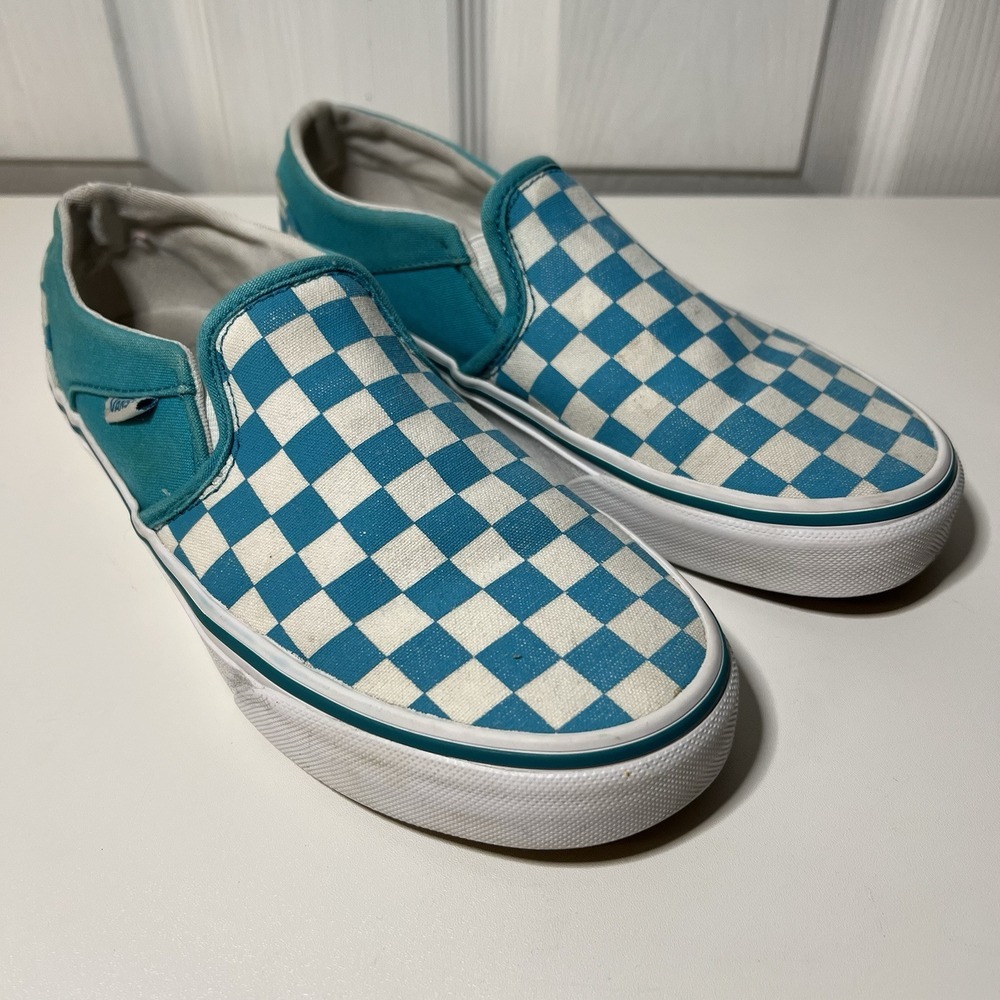 Vans Women's Size 6 Shoes Classic Slip-On Checkerboard Teal & White
